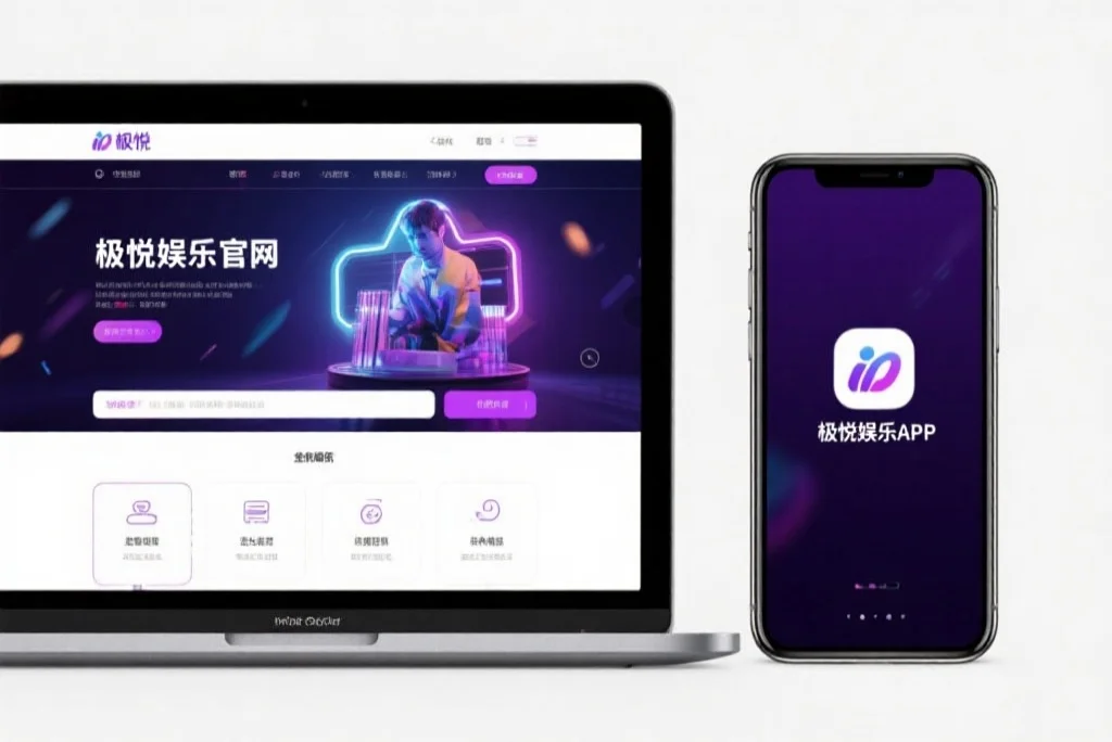 一台笔记本电脑屏幕上显示着新城娱乐官网的界面，旁边是一部手机显示着新城娱乐APP，两者并列对比